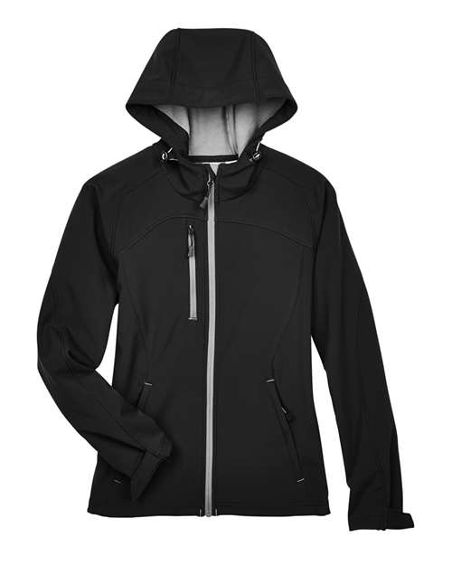 North End 78166 Women's Prospect Two-Layer Fleece Bonded Soft Shell Hooded Jacket for custom printing in Montreal